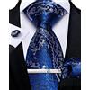 DiBanGu Cravatta da uomo in seta con motivo cachemire floreale e gemelli quadrati da taschino, set classico formale per feste di nozze, Paisley blu reale e argento, Taglia unica