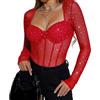 Sukiglam Body Donna Manica Lunga Sexy Scintillante Bodysuit Shapewear in Rete Trasparente Aderente Bodysuits con Scollatura a Cuore Jumpsuits Tops Elegante con Bottoni a Pressione Blusa Top Clubwear