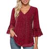 Fulidngzg Camicia Donna Elegante con Paillettes in Ruffle Chiffon, Manica 3/4 e Scollo a V Blusa Leggero Camicette Estivo Casacca Casual Tunica Top con Glitter Maglietta per Feste,Serate,Lavoro,Mare,Rosso1,L