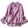 Generic Camicia da donna in lino ricamata, stile bohémien, vestibilità ampia, tunica con grafica floreale, primaverile, indiana, con volant, camicette frontali per anziani, casual, garza, boho, contadino