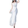 DISSA Abito da donna in seta tinta unita senza maniche girocollo 100% seta lungo abito di seta, bianco, 46