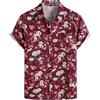 PARKLEES - Camicia da uomo in cotone e lino, stile vintage anni 70, modello retrò a maniche corte con bottoni, Fiore rosso., 3XL