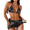 ZGMYC Costume da Bagno da Donna in 3 Pezzi Metallizzato Lucido Sexy Triangolo Bikini Cravatta Perizoma Laterale Festival Outfit con Coulisse Minigonna, Nero, S