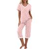 PrinStory Pigiama da donna a maniche corte con scollo a V, set di magliette e pantaloni pigiama con tasche, Rosa Fiore Bianco, XL