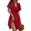 LIAMERHE Abito Estivo Donna Scollo a V Vestito a Portafoglio Manica Corta Floreale Abiti al Ginocchio Elegante per Cerimonia Invitata Matrimonio Spiaggia Vacanza Casual Boho Chic Bordeaux S
