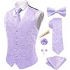 Hi-Tie Gilet da uomo formale in velluto Paisley tinta unita gilet cravatta papillon fazzoletto gemelli risvolto pin set smoking business, Viola chiaro, L