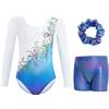 Gogokids Body da ginnastica da bambina, 3 pezzi, a maniche lunghe, con mutandine corte e fascia per capelli, per danza e palestra, per 3-12 anni, B-bianco/blu, 11-12 jaar