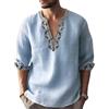Oanviso Camicia in Cotone e Lino da Uomo Estivo Henley Shirt con Scollo a V retrò Maglietta a Maniche Lunga Casual Versatile Top Maglia da Spiaggia Leggera e Traspirante B Blu XXL
