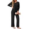 GRECERELLE Pigiama da donna elegante a due pezzi, in lana pettinata, per casa, outfit autunnale, con maniche lunghe e pantaloni larghi, Nero , M