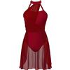 Agoky Abito da Pattinaggio Artistico sul Ghiaccio Donna Chiffon Patchwork Vestito Danza Classica Abito da Ballo Leotards Body da Balletto Senza Manica Jazz Danza Moderna Borgogna XL