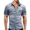 XuanXmy Camicia in Denim a Tinta Unita da Uomo Summer New Slim Fit Camicia a Maniche Corte Fashion Lapel Camicia a Maniche Corte Casual Solid Color Camicia a Maniche Corte Azzurro M