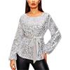 LZPCarra Maglia da donna con glitter a maniche lunghe | camicetta da donna con paillettes | top verde con cintura maglietta a maniche lunghe con scollo rotondo slim fit tunica elegante felpa