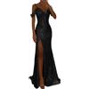 Generic Abito da ballo da donna, abito da festa da donna, maxi abito con paillettes, spalle scoperte, maniche corte, lunghezza al pavimento, abito da sera con paillettes, spacco laterale, per matrimoni