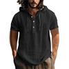 LinRim Camicia da uomo in lino, a maniche corte, in cotone e lino, per il tempo libero, vestibilità normale, per la spiaggia, estiva, per il tempo libero, con cappuccio, in lino, sottile, tinta unita, Nero ,