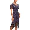 Generic Gatsby anni '20, vestito da donna anni '20, vestito da donna, verde, oro, con frange, da ballo, abito corto Charleston, con paillettes, a maniche corte, con frange, Carnevale, Lilla, L