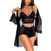 RSLOVE Set di Lingerie Sexy da Donna - Reggiseno e Slip in Pizzo con Vestaglia in Rete 3 Pezzi, Nero L