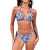 Svanco Costume Donna Due Pezzi Triangolo Bikini Imbottito con Collo Sospeso, Perle d'oro e Cordino Regolabile - Ideale per Mare