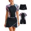 SHEKINI Donne Two Piece Athletic Short Sleeves Surf Zip Boyleg One Piece Rash Guard Costumi da Bagno e Swim Rock, Stampa Nera., XL