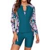 SHEKINI Costume da bagno da donna a 3 pezzi con maniche lunghe, rash guard, zip, per surf, pettorina, sportivo (L, Blu/rosa fiori e foglia verde)