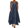 ORANDESIGNE Abito Lungo Donna Cotone e Lino Caftano Boho Abito Ampio Casual Moda Manica Lunga Scollo a V Abiti Lunghi Vestito Estivo Taglie Forti Eleganti Vestiti 2 in 1 Maxi Abito C Marino XL