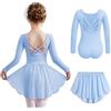 Arshiner Abiti da Balletto Ragazze Abiti da Balletto a Maniche Lunghe Abiti da Ballo in Cotone Abito da Balletto Body da Balletto per Bambini con Gonna in Tulle Blu 9-10 Anni