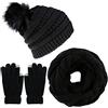 CheChury Cappelli Invernali Sciarpa Donna Invernale Berretto a Maglia con Sciarpa Beanie Collo della Ciarpa Guanti Touch Screen all'aperto Jogging Sci, 3 Pezzi,Nero,Taglia unica
