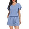 Lovasy Pigiama Donna Cotone Estiva Ruffle Maniche Pigiami Set Corta Scollo a V e Maniche Corte 2 Pezzi Pigiama da Casa Leggero T-Shirt A-Azzurro M