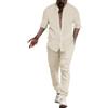Generic Completo Uomo Elegante 2 Pezzi Camicia Lino Pantaloni Yoga Comfort Moda Primavera Estate Abbigliamento Casual Spiaggia