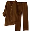 Generico Tuta Lino Donna Estiva Elegante Coordinato Larghi Camicia + Pantaloni Leggera Cotone E Lino Estivo Tute Da Ginnastica Primavera Curvy Set Due Pezzi Maniche 3/4 Jogging Traspirante Set Spiaggia
