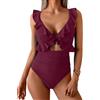 Yutdeng Costume da Bagno Intero da Donna Scollo a V Push Up e Lacci Schiena Costumi Interi con Controllo della Pancia Costumi Mare con Volant Elegante Curvy Regolabile Beachwear,Vino Rosso,M