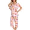 ENJOYNIGHT Pigiama corto da donna, a maniche corte, con pantaloni lunghi a 3/4, biancheria da notte in due pezzi, S-3XL, Fiore rosa, XXL