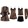 QraraZL Set Pigiama Donna 5 Pezzi in Raso, Set Pigiama con Abito Kimono in Pizzo, Pantaloncini Sexy e Pantaloni Lunghi 5 Pezzi, con Imbottitura sul Petto Leopardata XL