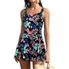 SHEKINI Donna Elegante Gonna da Bagno Intera Costume da Bagno con Scollo a V Incrociato Bikini 1 Pezzo con Doppia Tracolla Gonna Plissettata a Pancia Piatta（L，Nero-Foglia）