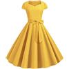 YMING Donna Abiti Signore Audrey Hepburn Eleganti al Ginocchio Abiti a Maniche Corte Rockabilly con Cintura Abiti a Tinta Unita Giallo M