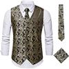Oanviso Gilet da Suit da Uomo Classico Paisley Jacquard Panciotto Slim Fit Monopetto Gilet 3 Pezzi Gilet Set (Gilet da Abito+Cravatta/Papillon+Fazzoletto) Elegante Formale Gilet A Oro L