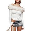 LoprNsdgt Top Donna Sexy Con Spalle Scoperte Bordo in Pelliccia Sintetica Orlo Asimmetrico Stile Y2K Vestibilità Slim Abbigliamento Da Club,Bianca,M