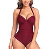 Rayson Costume da Bagno Donna Intero Costumi Curvy Modellante Push Up Scollo a V Costume Mare Sexy Reggiseno con Ruche Beachwear con Cinghia da Collo