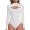SHAPERIN Body Donna Maniche Lunghe Collo Alto Aderente Bodysuit in Coste con Bottoni Long Sleeve Cutout Front Bodysuits Tops Sexy Bianco #3 S