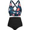 Svanco Costume da Bagno Due Pezzi Donna Top Bikini Incrociato Slip A Vita Alta E Increspato Set Bikini Push Up Donne Costumi da Bagno Nero Fiori M