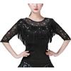 YAOTT Donna Ballo Latino Standard Top da Frange Moderne con Nappe Maglia a Rete T-Shirt a Maniche Lunghe con Paillettes Brillanti per Jazz Danza del Ventre Nero