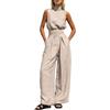 Generico Tuta da Donna Elegante Senza Maniche Girocollo Jumpsuit Pantaloni a Gamba Larga Tinta Unita Playsuit