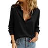 CMTOP Camicia Donna Camicetta Manica Lunga Raso Blusa Elegante Scollo a V Camicie Loose Bottoni Tunica Primavera Autunno Shirt Top Tinta Unita Basic Maglietta (Nero, XL)