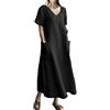 Onsoyours Abito Lungo Estivo da Donna in Cotone e Lino Caftano Allentato a Maniche Corte Abito Casual Spiaggia Tinta Unita Scollo V Maxi Abito Largo con Tasche Vestito da Cocktail A Nero L