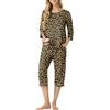 PrinStory Pigiama da donna casual a 3/4 con maglietta corta e pigiama corto con tasche traspirante set pigiama estivo set da notte, Leopard Khaki, L