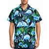 King Kameha Camicia Hawaiana Uomo a Maniche Corte, Flamingo-Flowers, Nero-Blu, 3XL