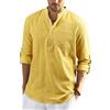 Enlision Camicia da Uomo Manica Lunga in Lino di Cotone con Bottoni Camicia con Collo in Piedi Giallo Magliette Larghe Casual per Spiaggia Viaggi S