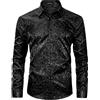 HISDERN Nero Camicia da Uomo in Seta Camicia Raso Uomo con Paisley Jacquard Manica Lunga con Bottoni e Colletto per Matrimoni Party Regular Fit S