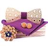 HZQIFEI Papillon in legno, set di 4 pezzi, papillon in legno, gemelli + spilla + quadrato da tasca, accessorio alla moda