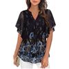 Vafoly Camicia da donna, elegante, a maniche corte, estiva, con scollo a V, in rete, con fiori, a doppio strato, nero/blu, L
