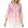 Vafoly Camicetta da donna elegante, casual, con arricciature, a maniche 3/4, scollo a V, in chiffon floreale, rosa a fiori, L